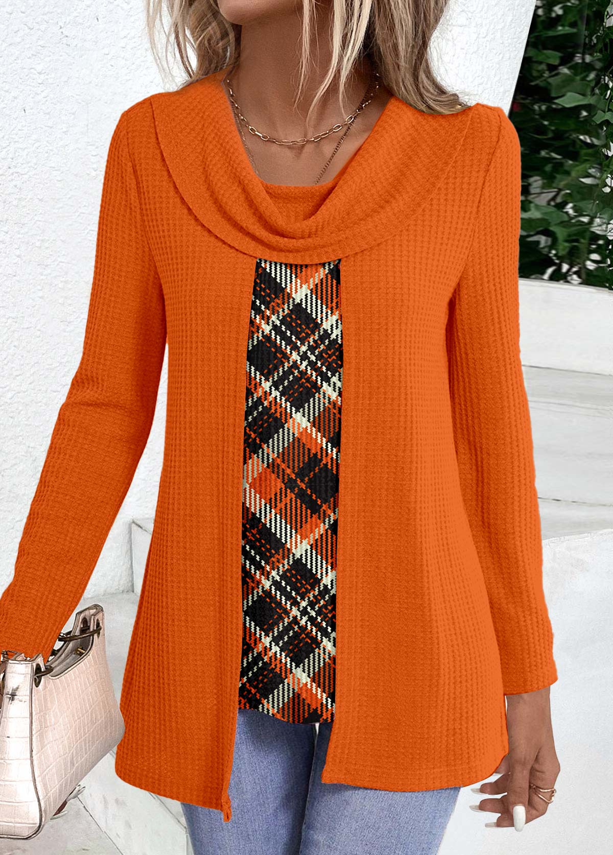 Orange tops,Plaid tops,Striped tops,Geometric tops,ROTITA Plaid Orange Draped Neck Fake Two Piece Twinset