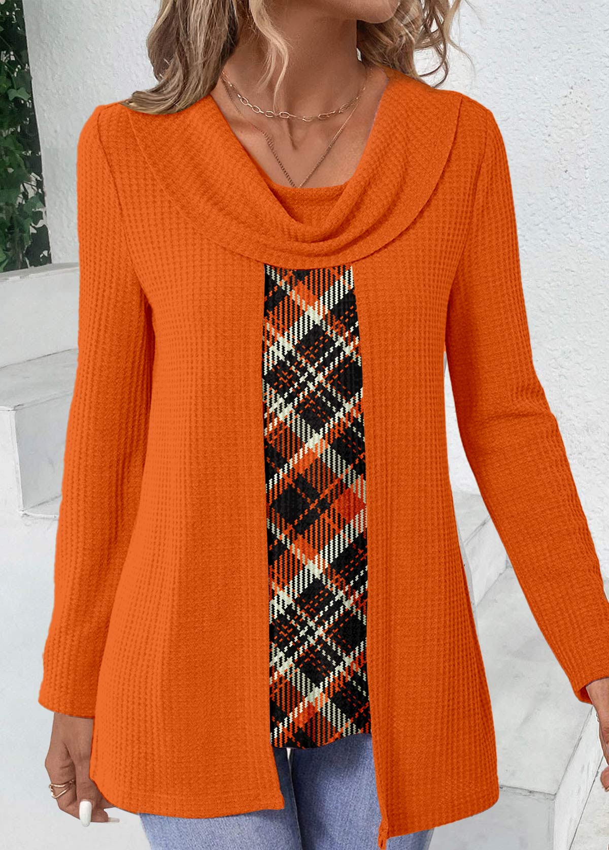 Orange tops,Plaid tops,Striped tops,Geometric tops,ROTITA Plaid Orange Draped Neck Fake Two Piece Twinset