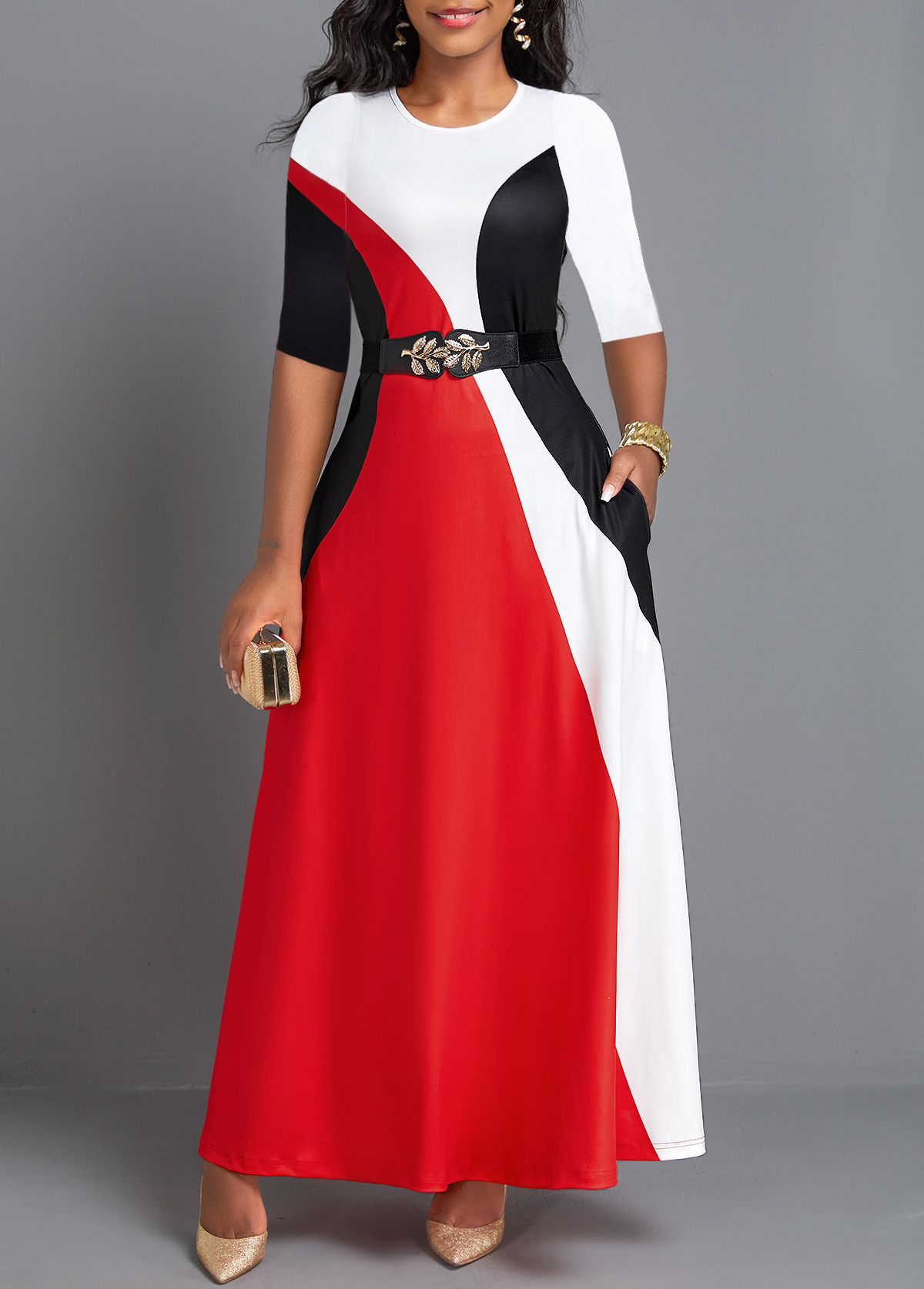 ROTITA Pocket Red Round Neck Maxi Dress