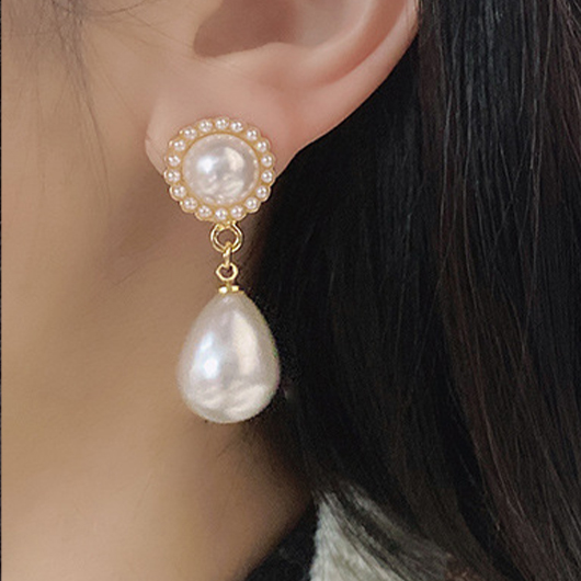 White Alloy Detail Pearl Patchwork Earrings