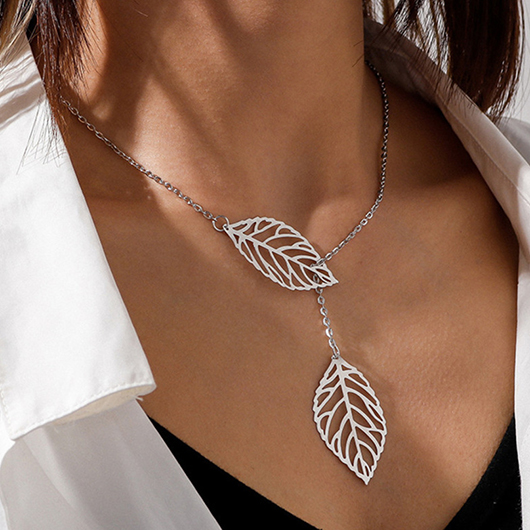 collier blanc argenté creux en alliage de feuilles