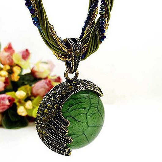 Round Alloy Beads Detail Grass Green Necklace
