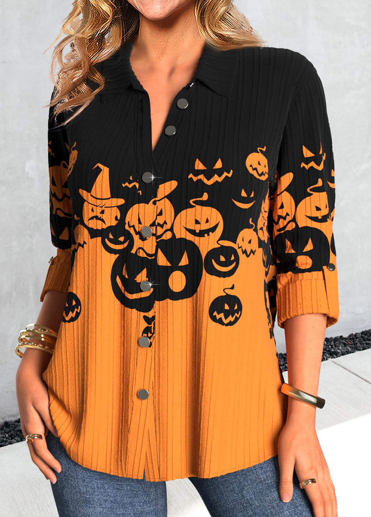 Orange tops,Black tops,Halloween tops,ROTITA Button Halloween Pumpkin Print Orange Shirt Collar Blouse