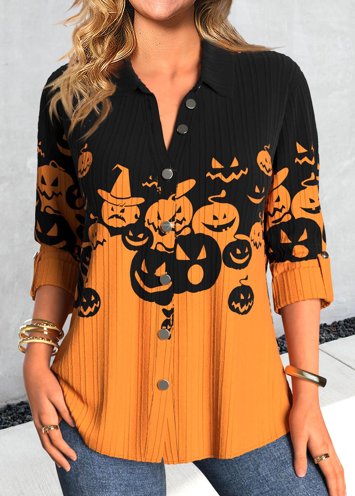 Orange tops,Black tops,Halloween tops,ROTITA Button Halloween Pumpkin Print Orange Shirt Collar Blouse