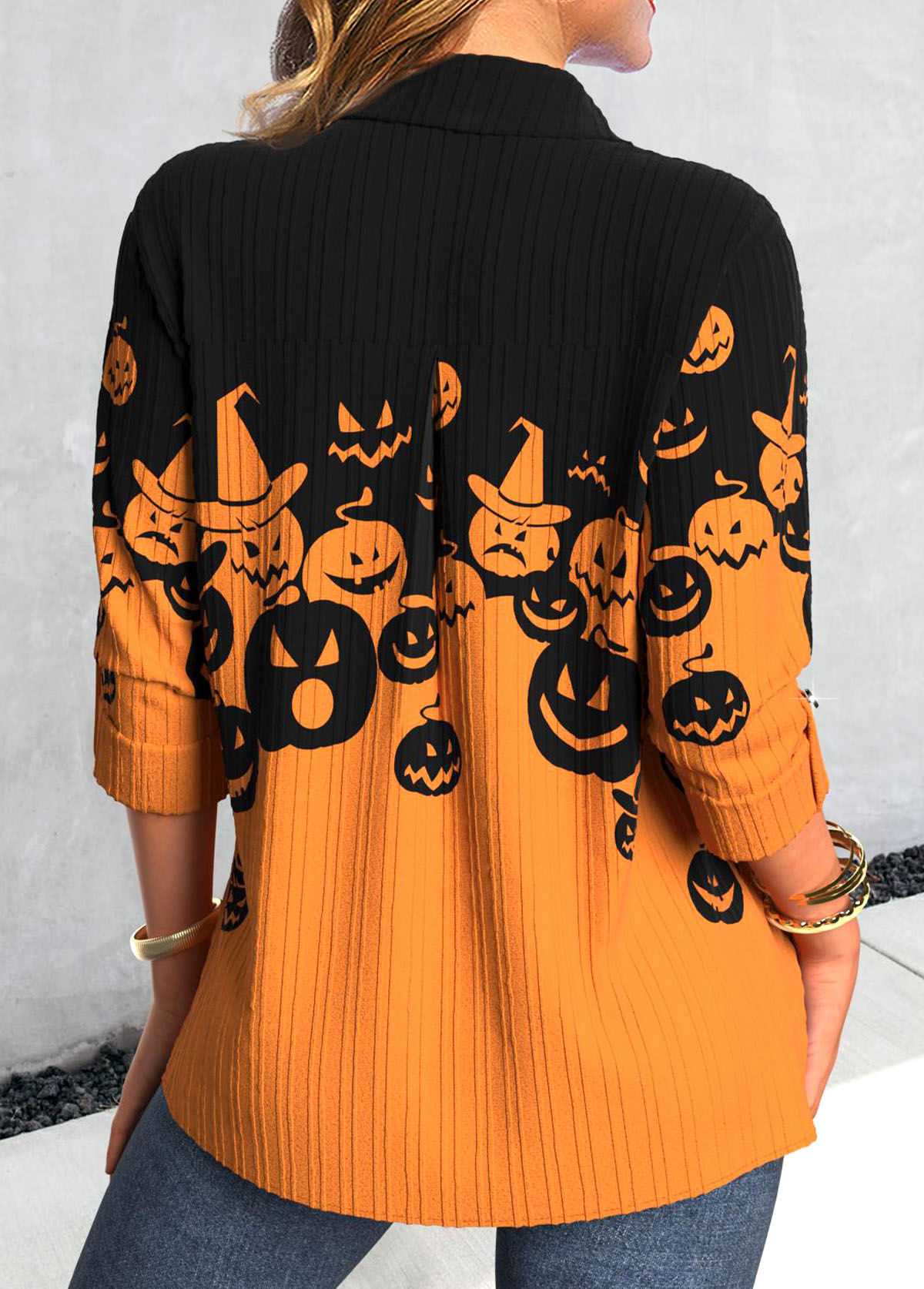 Orange tops,Black tops,Halloween tops,ROTITA Button Halloween Pumpkin Print Orange Shirt Collar Blouse