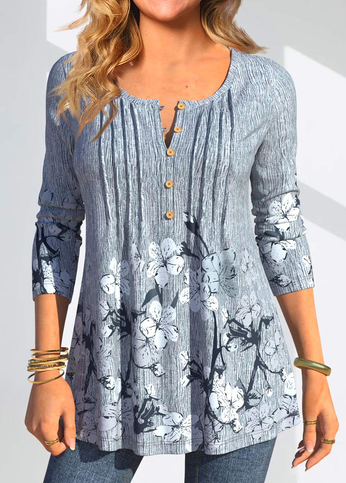 ROTITA Tuck Stitch Random Floral Print Dusty Blue Blouse