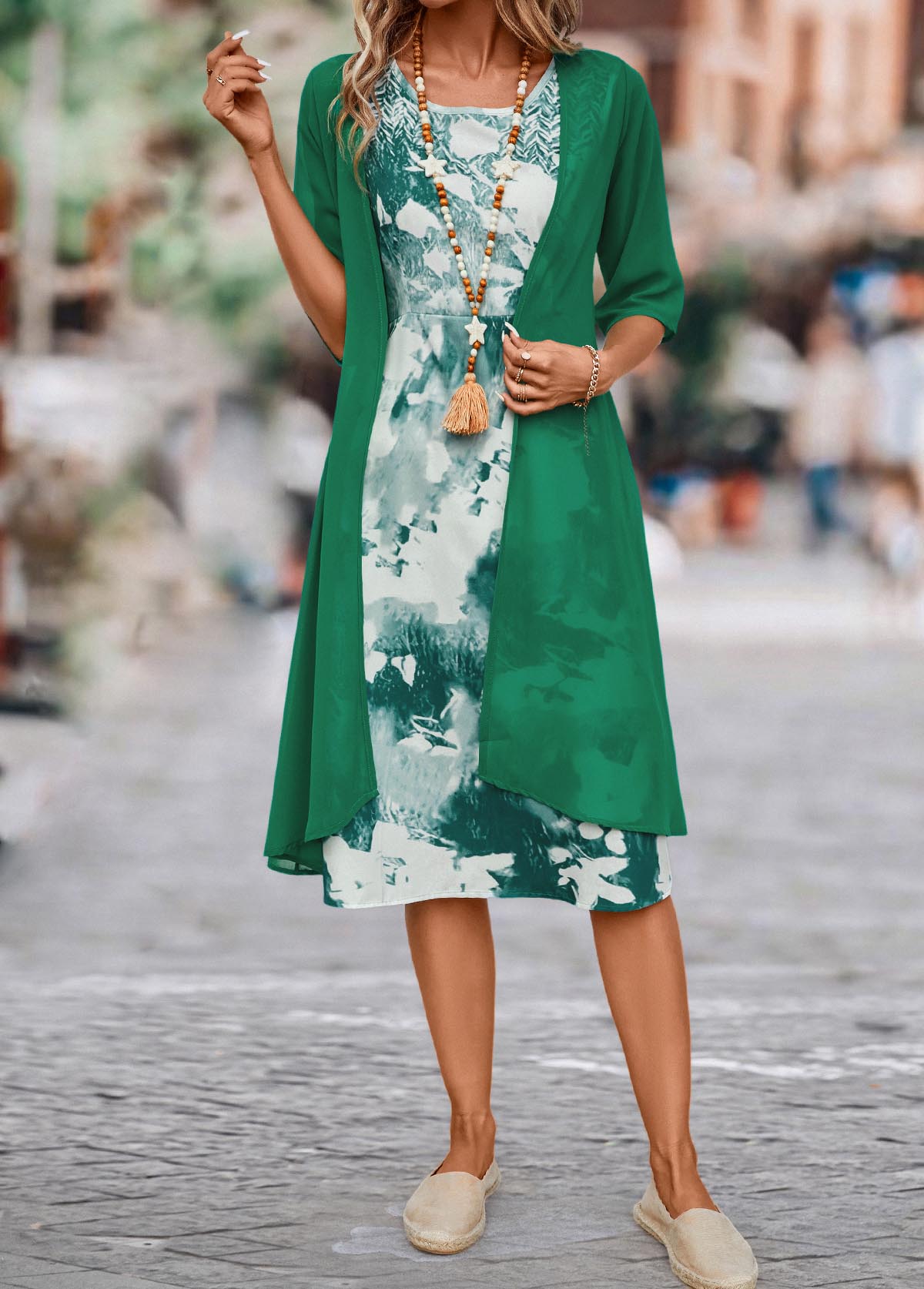 Two Piece Ink Painting Print Green Dress and Cardigan