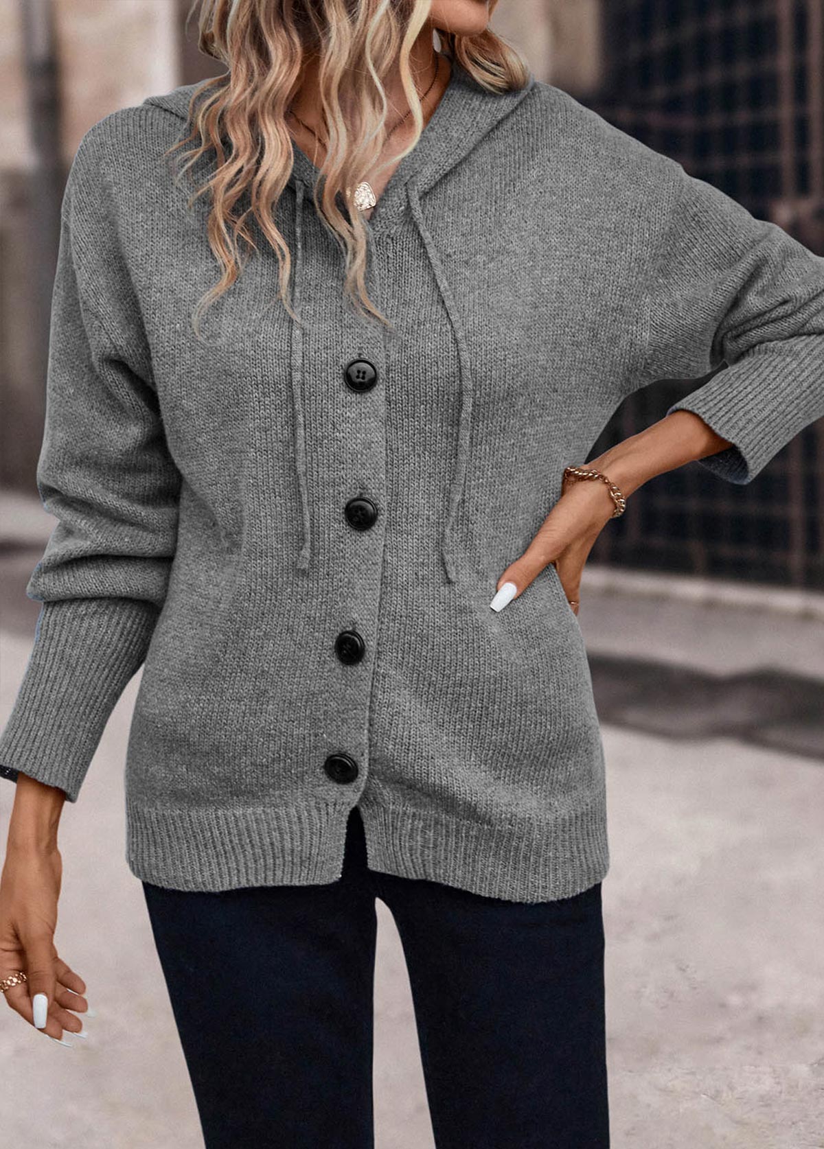 Dark Grey Hooded Long Sleeve Button Cardigan