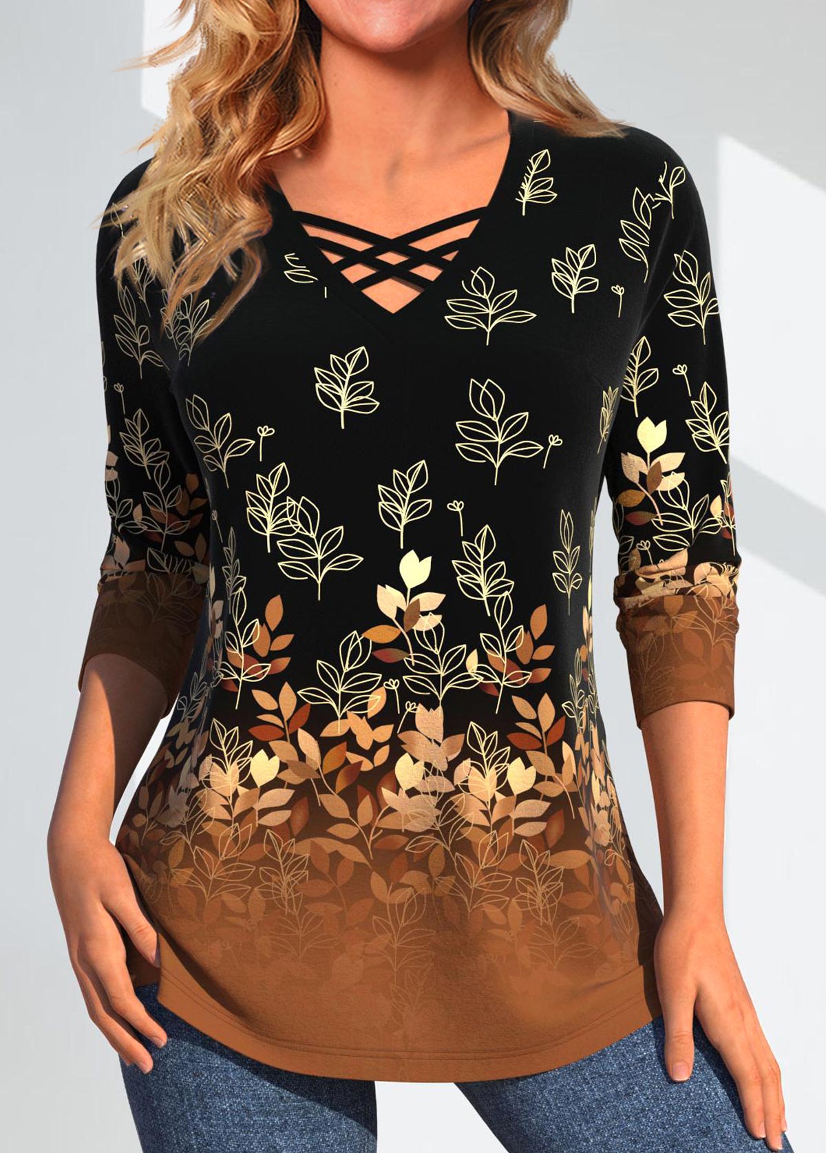 ROTITA Criss Cross Leaf Print Dark Camel T Shirt