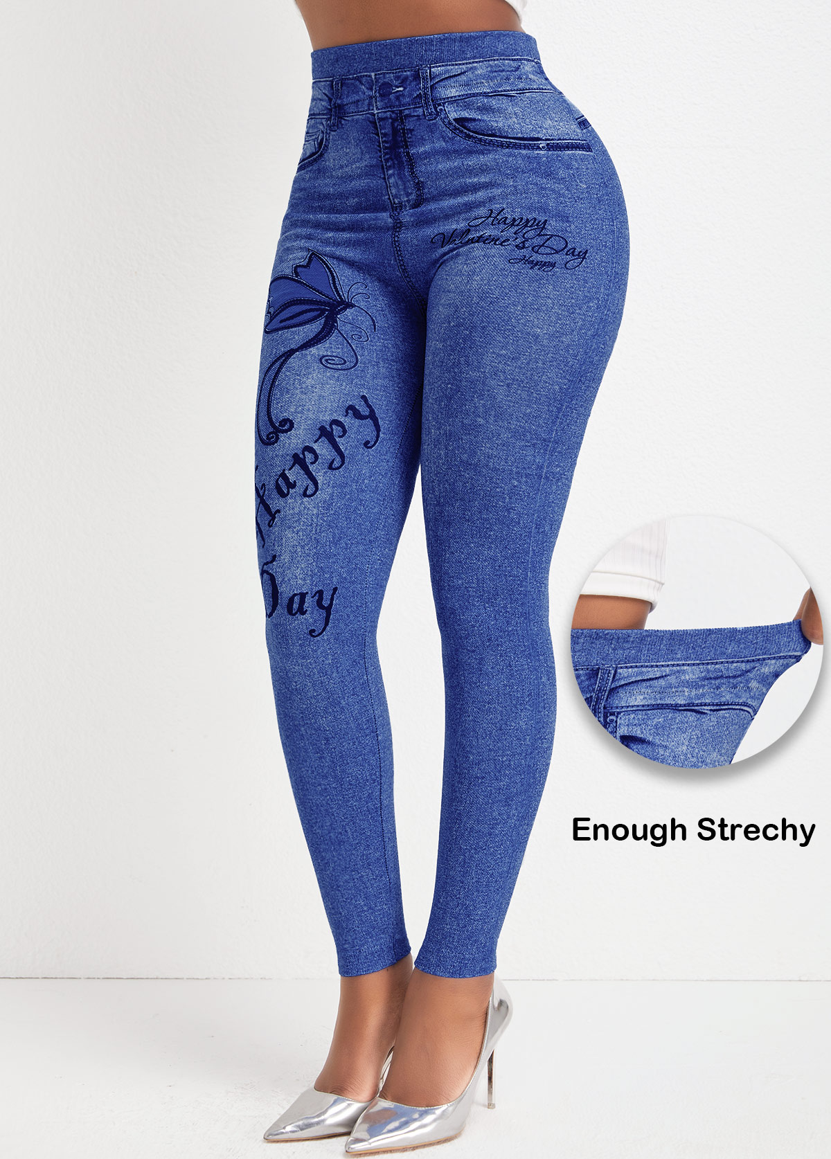 Jeansblaue Leggings mit hohem Bund und Schmetterlingsdruck