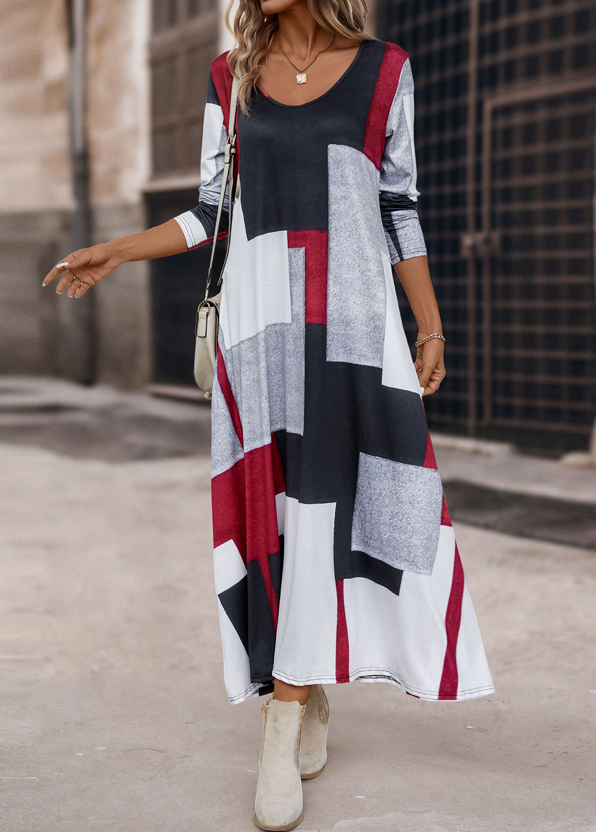 Pocket Geometric Print Multi Color Maxi Dress