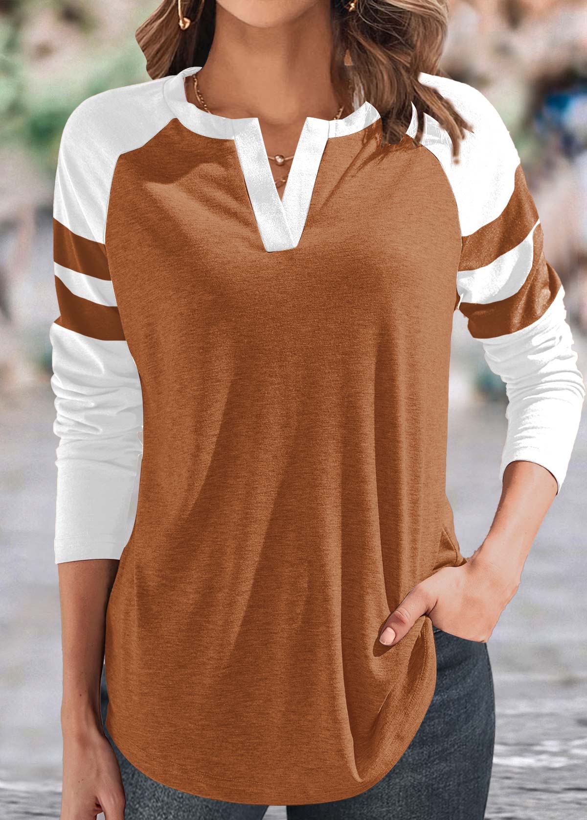 ROTITA Patchwork Dark Camel Split Neck T Shirt