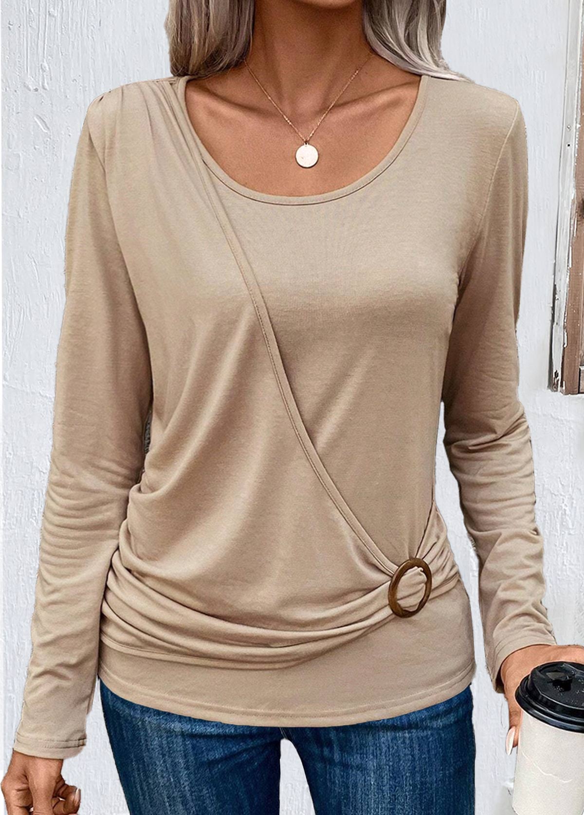 ROTITA Layered Light Coffee Round Neck T Shirt