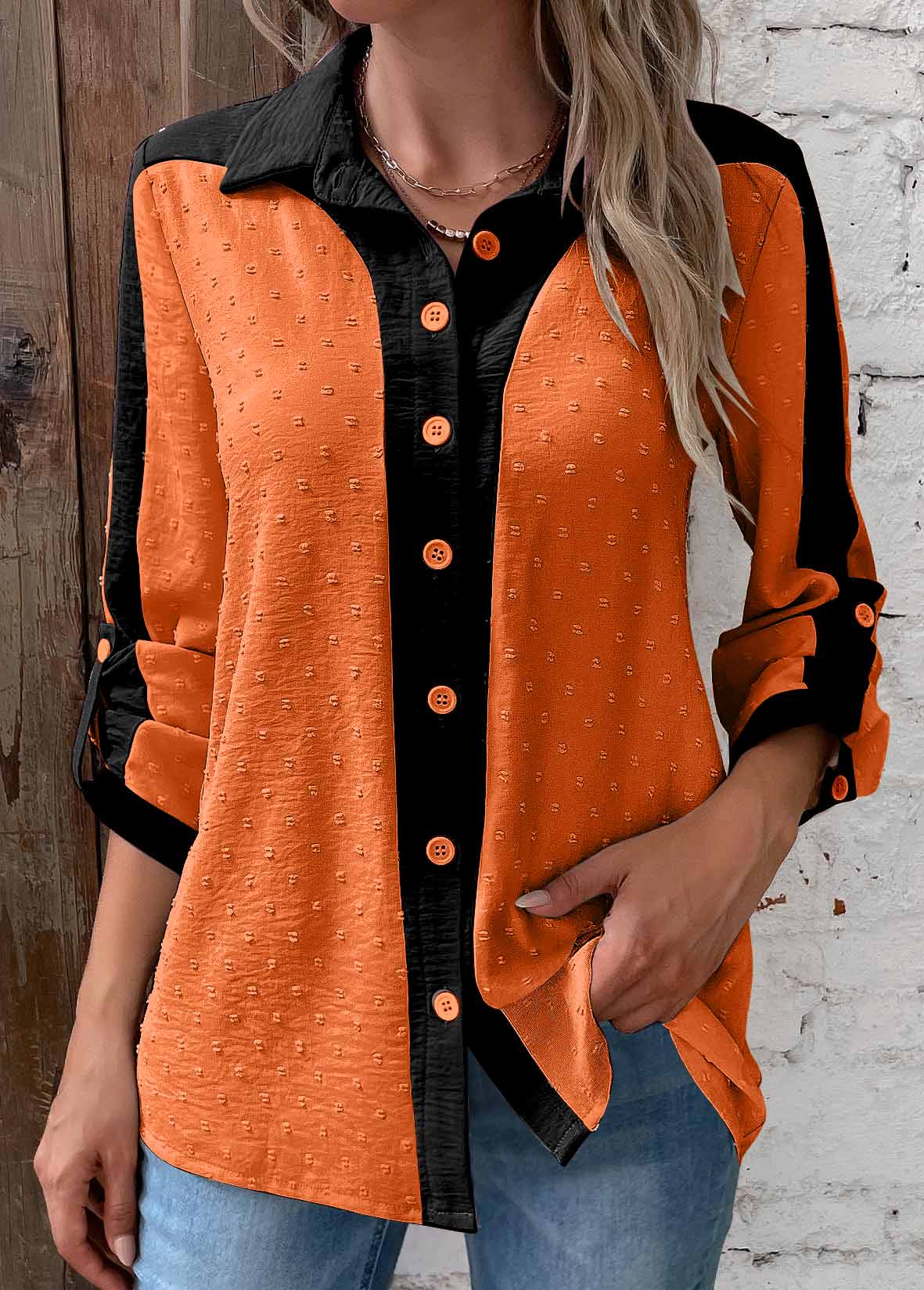 ROTITA Patchwork Orange Shirt Collar Long Sleeve Blouse