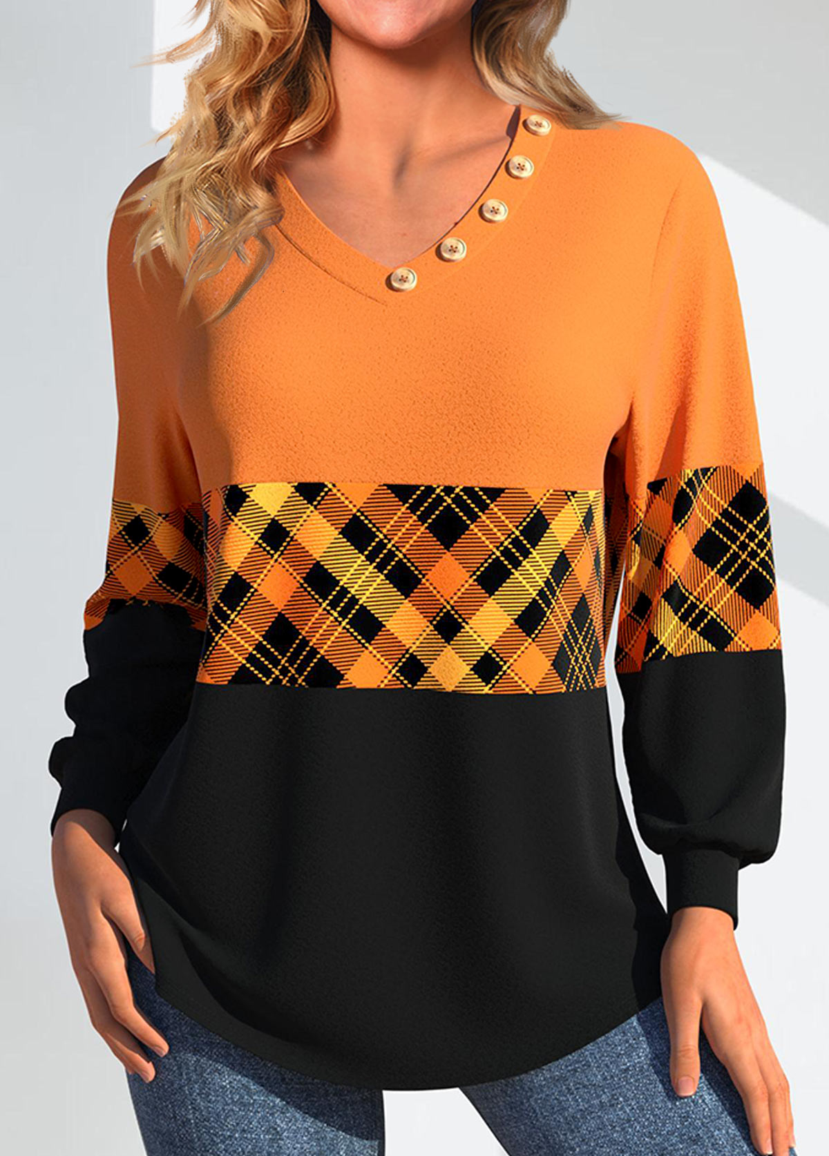 ROTITA Patchwork Plaid Orange V Neck Long Sleeve Sweatshirt