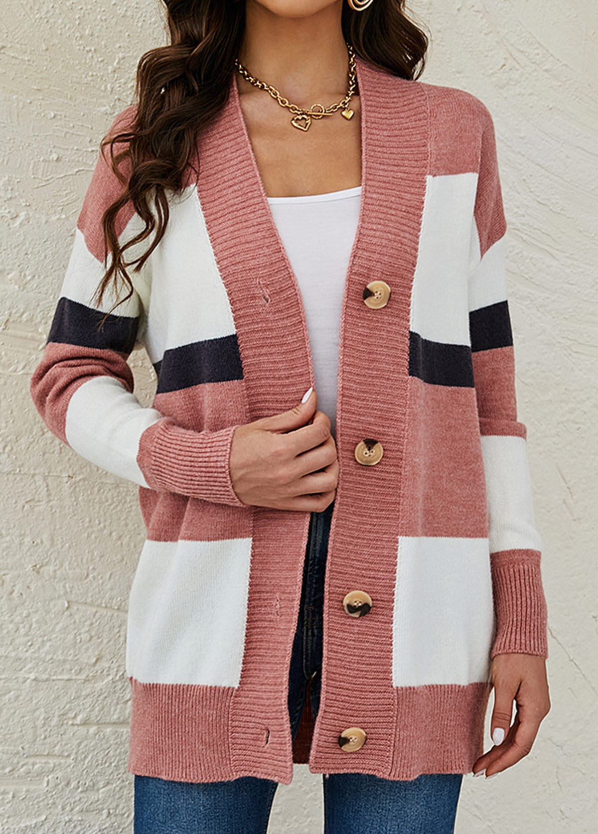 ROTITA Button Striped Pink Long Sleeve Cardigan