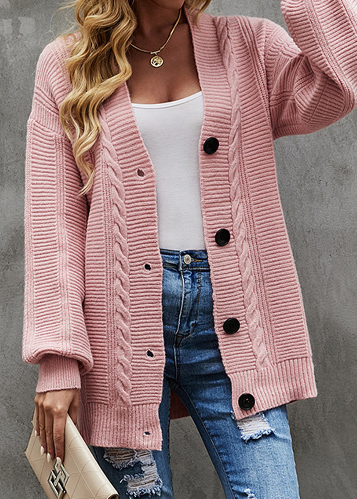 Light Pink tops,Plain Color tops,ROTITA Button Light Pink Long Sleeve Cardigan