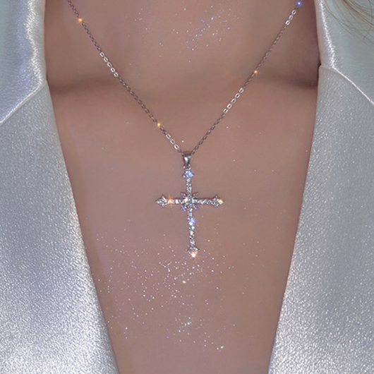 Cross Alloy Rhinestone detail Silver Necklace