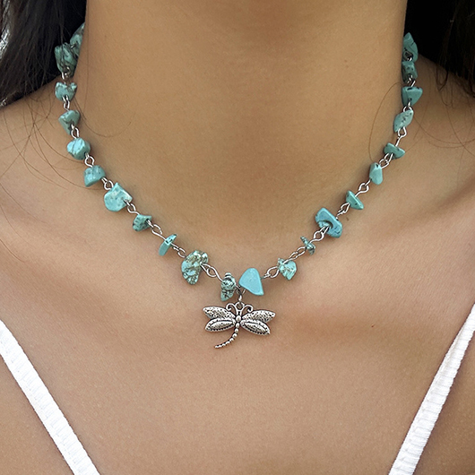 Alloy Detail Dragonfly Design Cyan Necklace