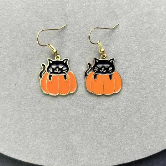 Halloween-Katze-Kürbis-Orange-Ohrringe aus Legierung