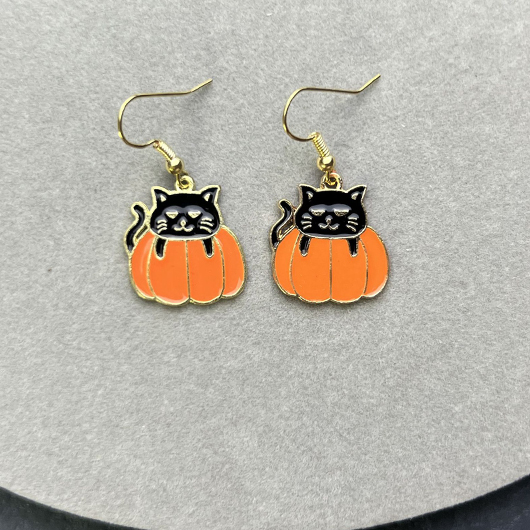 Orange jewelry,Animal Print jewelry,Plants jewelry,Alloy Halloween Cat Pumpkin Orange Earrings
