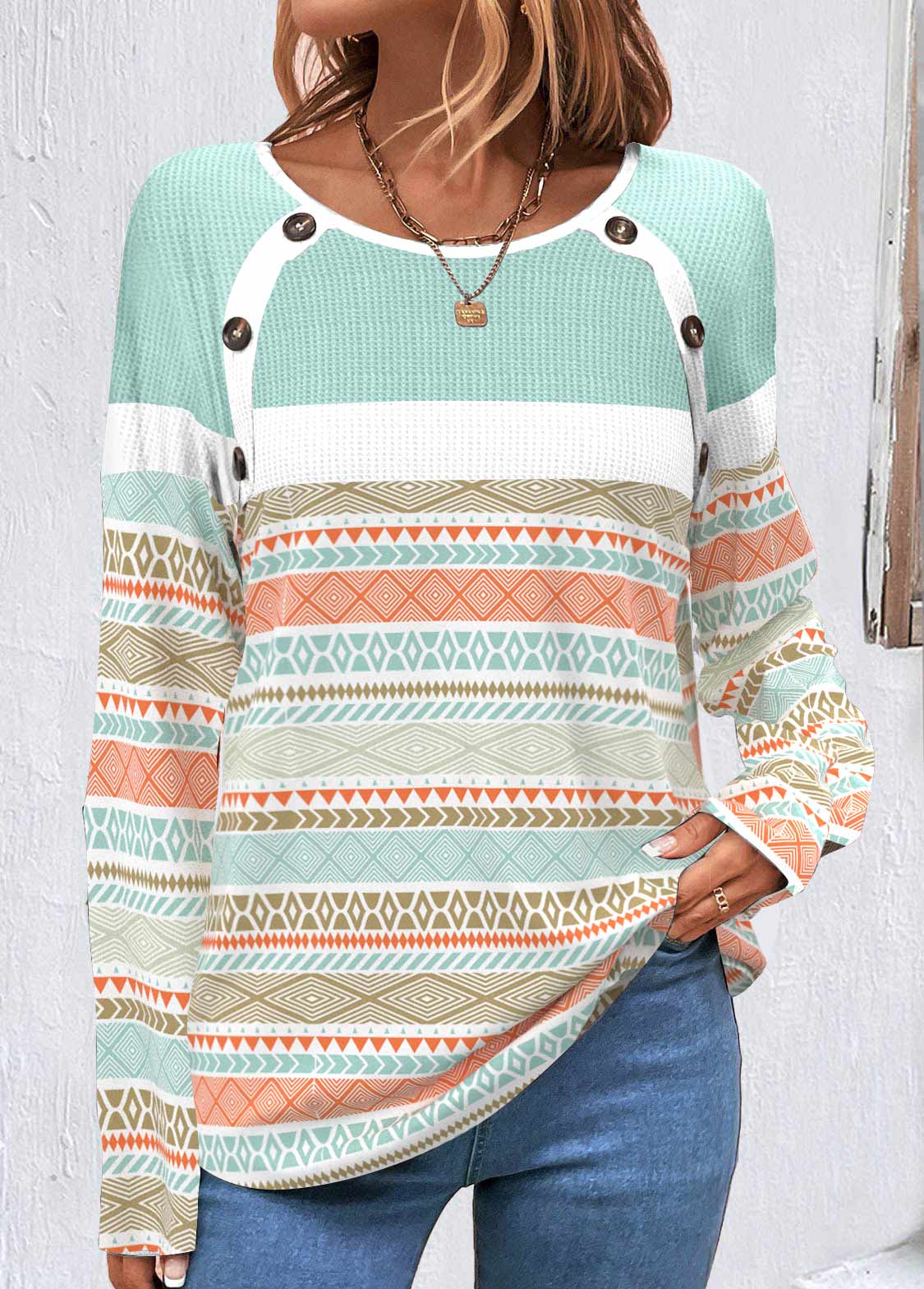 ROTITA Patchwork Tribal Print Multi Color Scoop Neck Sweatshirt