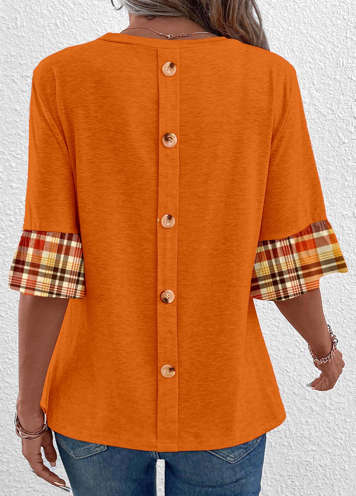 ROTITA Patchwork Plaid Orange Round Neck T Shirt