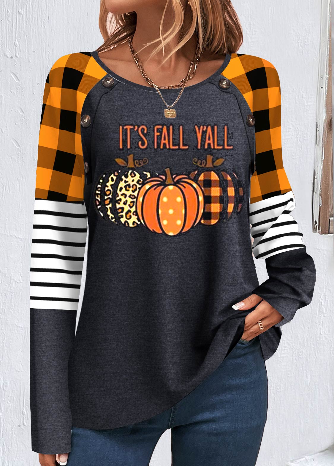 ROTITA Patchwork Halloween Print Orange Round Neck Sweatshirt