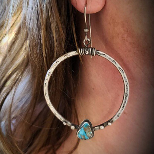 Round Metal Detail Retro Turquoise Earrings