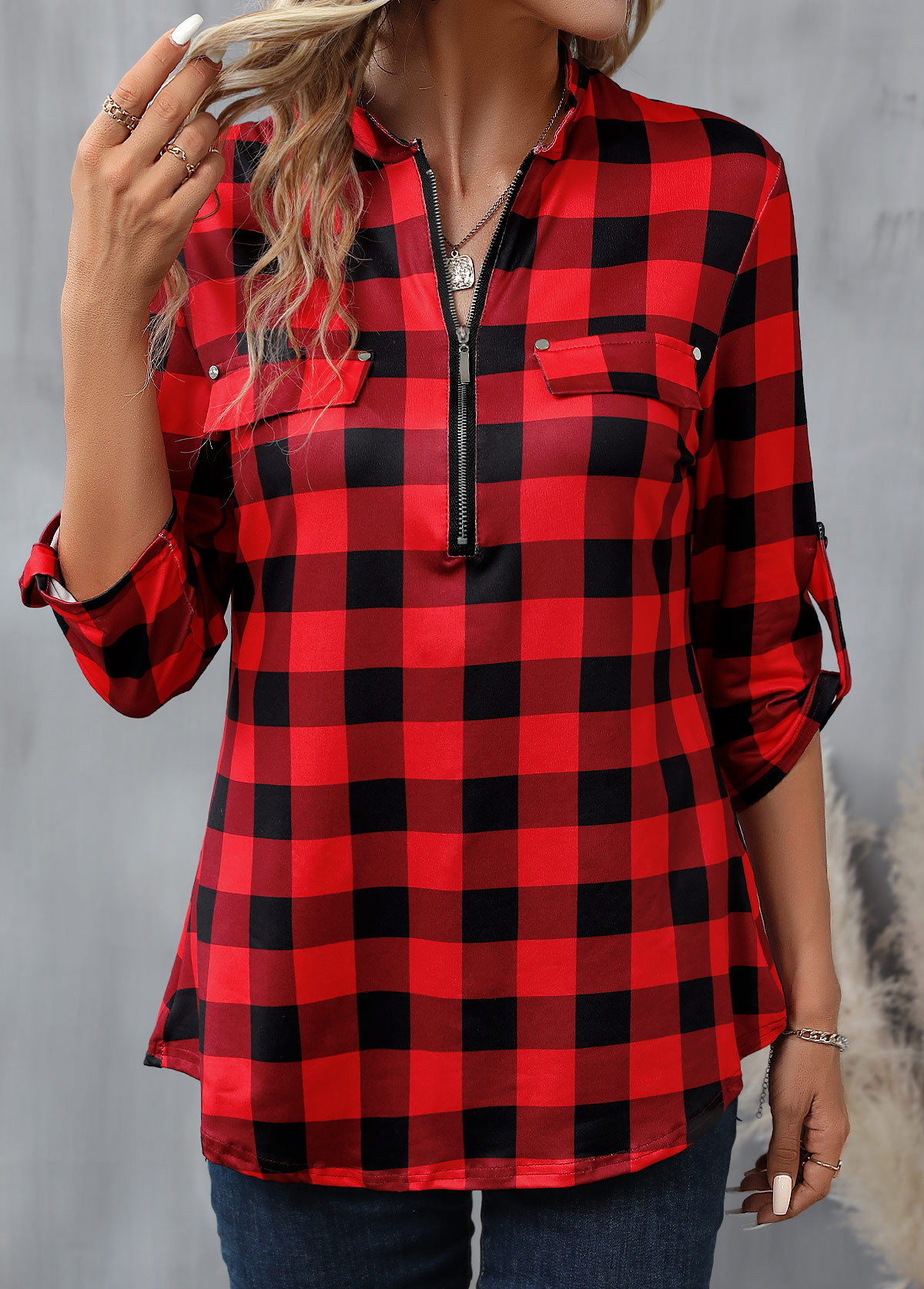 ROTITA Zipper Plaid Red High Neck Long Sleeve Blouse