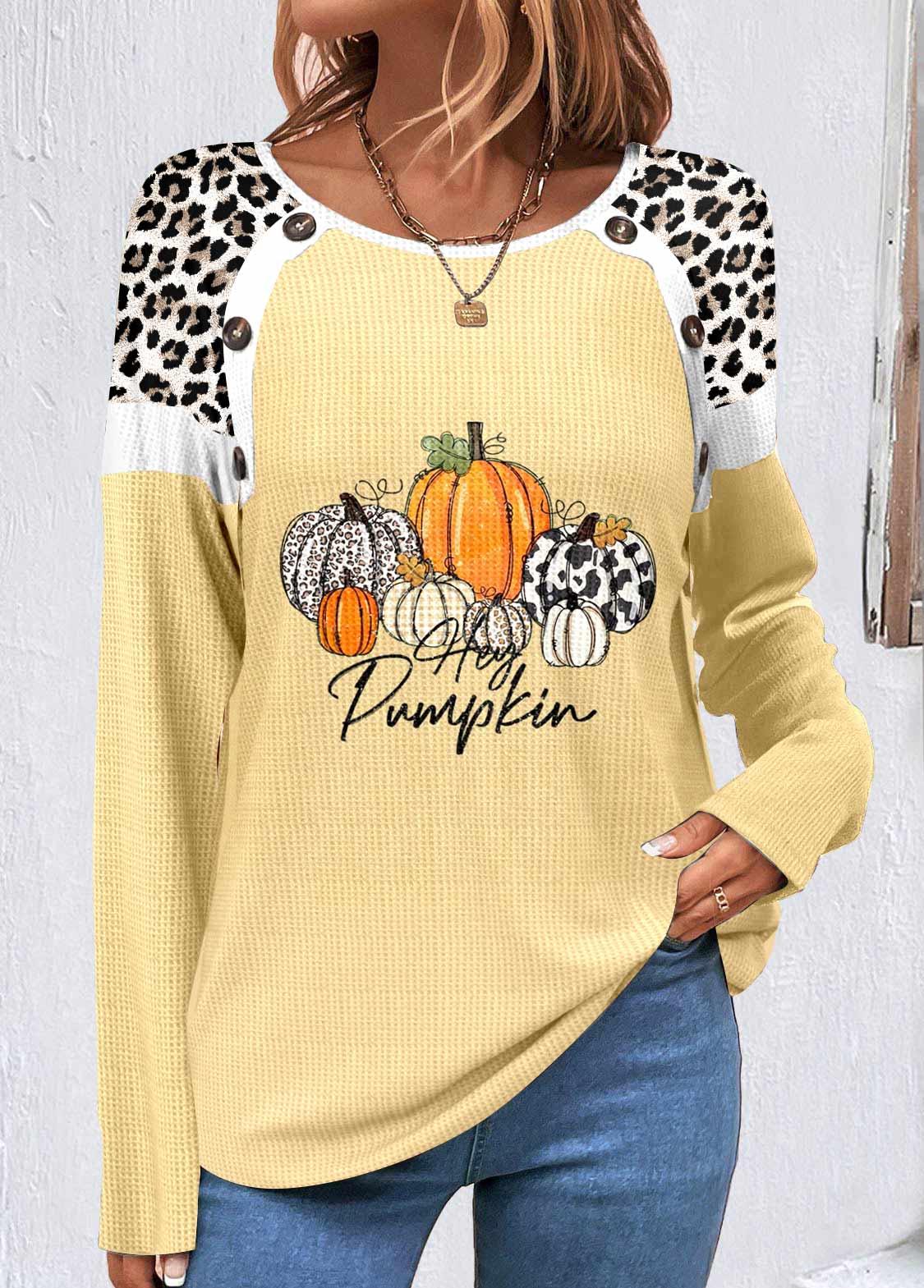 ROTITA Patchwork Halloween Print Light Yellow Scoop Neck Sweatshirt