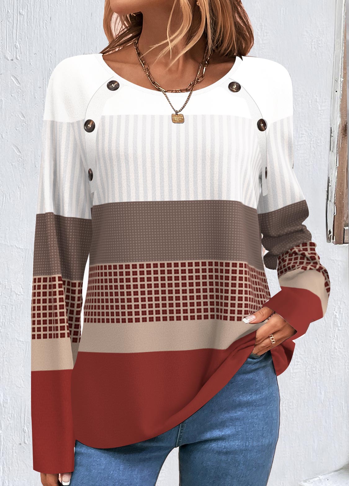 ROTITA Plus Size Patchwork Wine Red Geometric Print Sweatshirt