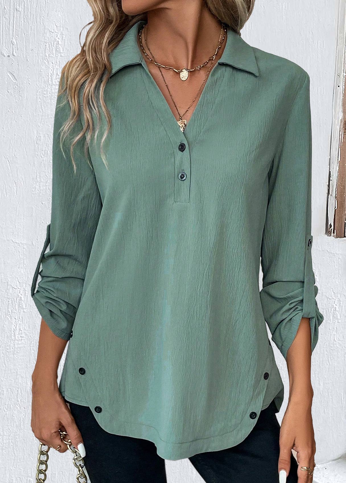 ROTITA Button Sage Green Shirt Collar Long Sleeve Blouse