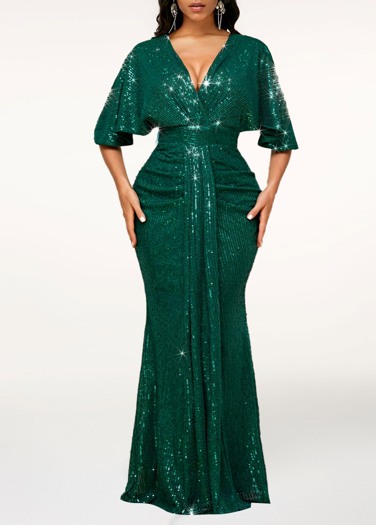 Blackish Green dresses,Plain Color dresses,Party dresses,Elegant dresses,ROTITA Sequin Blackish Green V Neck Maxi Bodycon Dress
