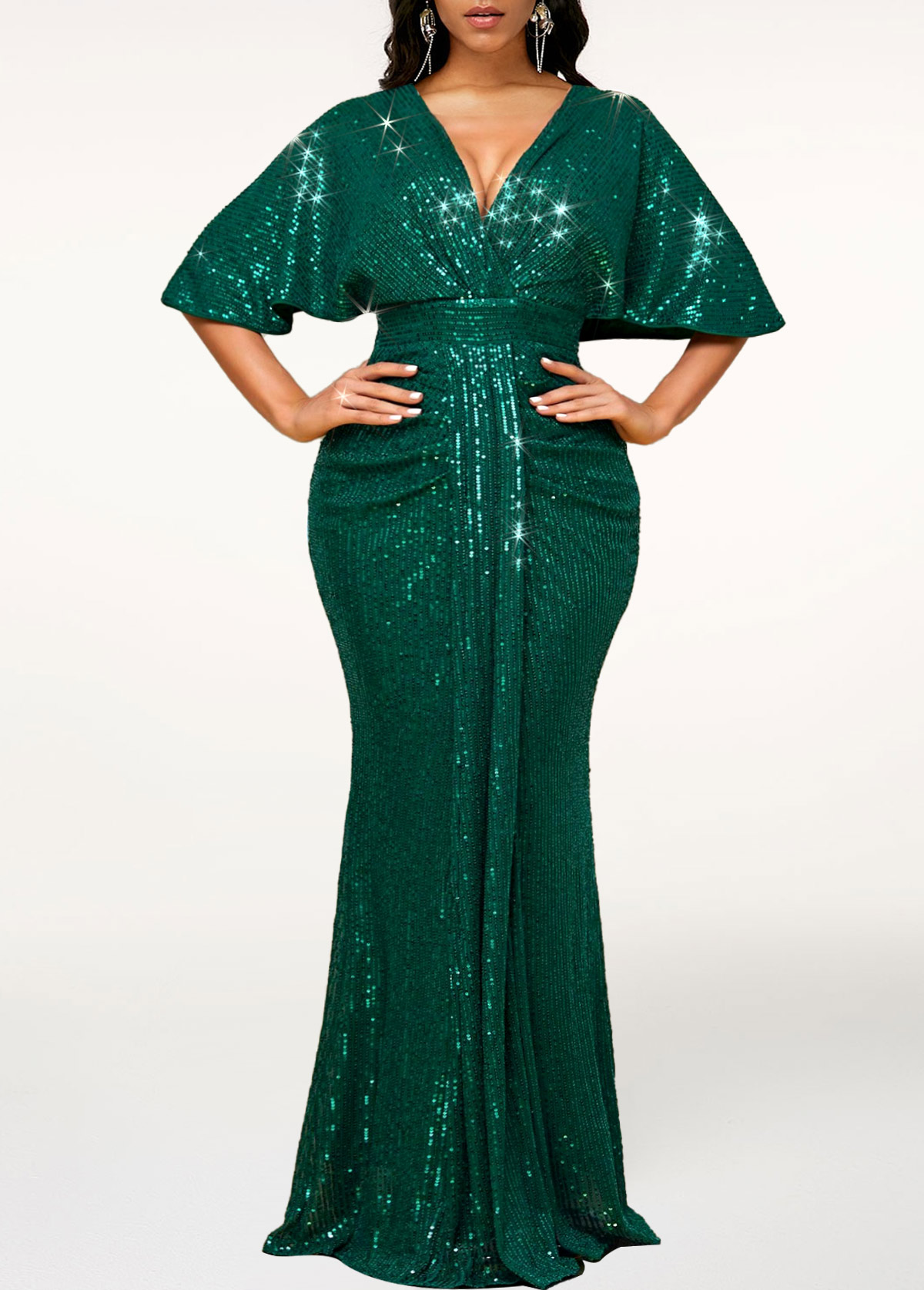 Blackish Green dresses,Plain Color dresses,Party dresses,Elegant dresses,ROTITA Sequin Blackish Green V Neck Maxi Bodycon Dress