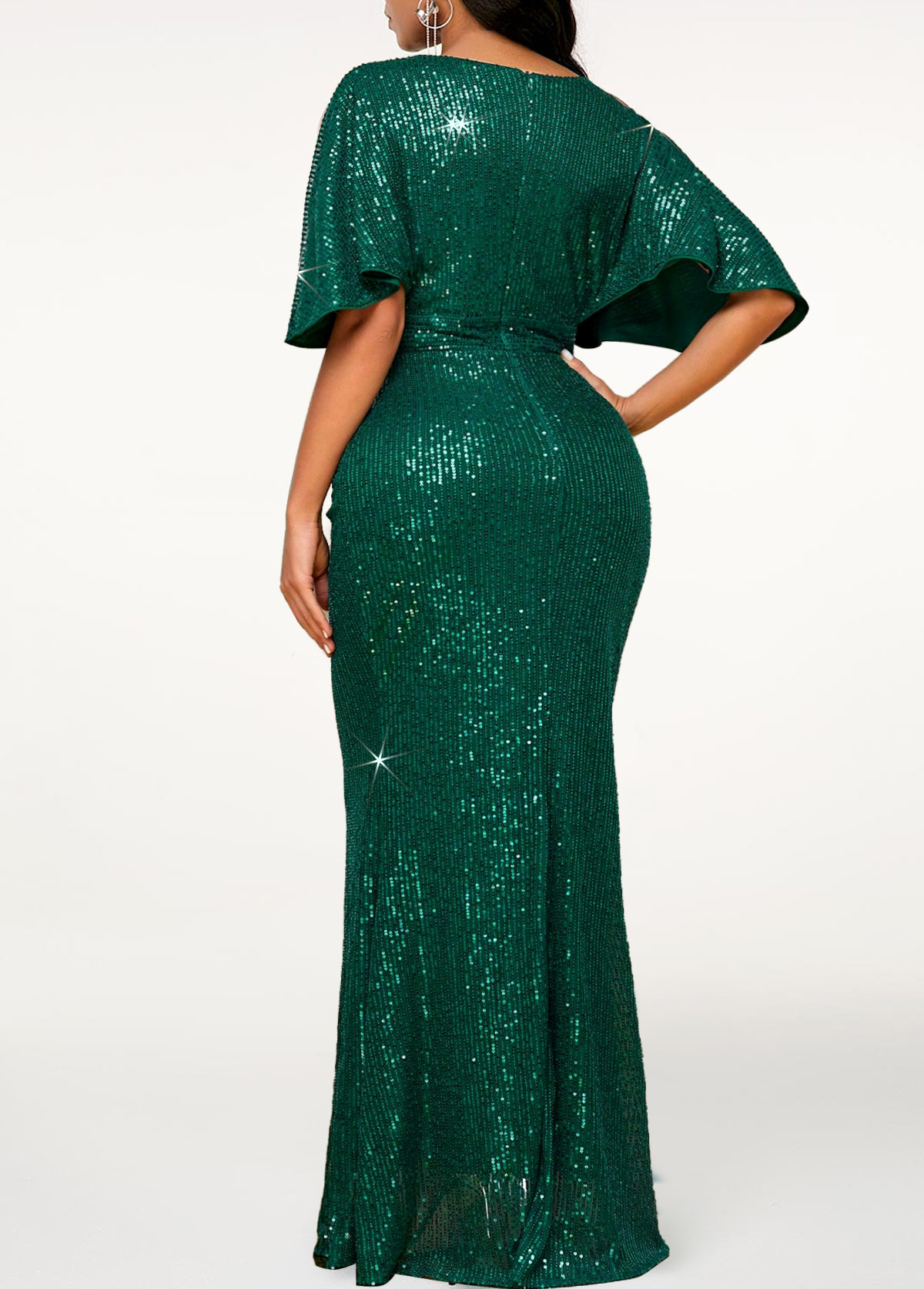Blackish Green dresses,Plain Color dresses,Party dresses,Elegant dresses,ROTITA Sequin Blackish Green V Neck Maxi Bodycon Dress