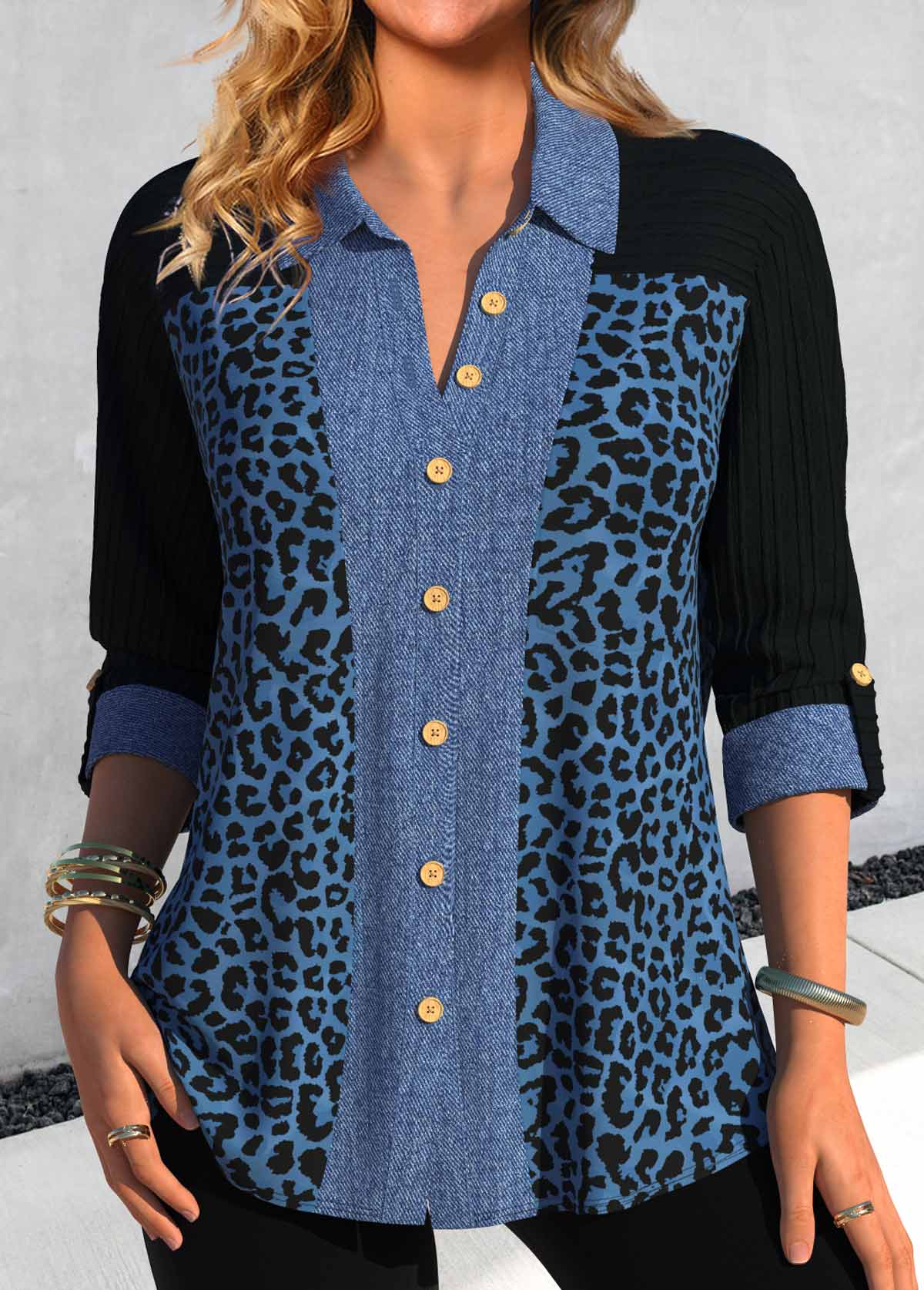 ROTITA Patchwork Leopard Denim Blue Shirt Collar Blouse