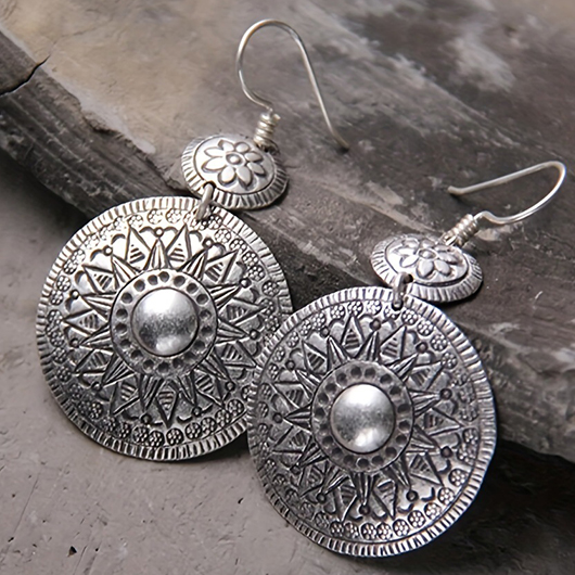 Round Floral Alloy Silvery White Earrings