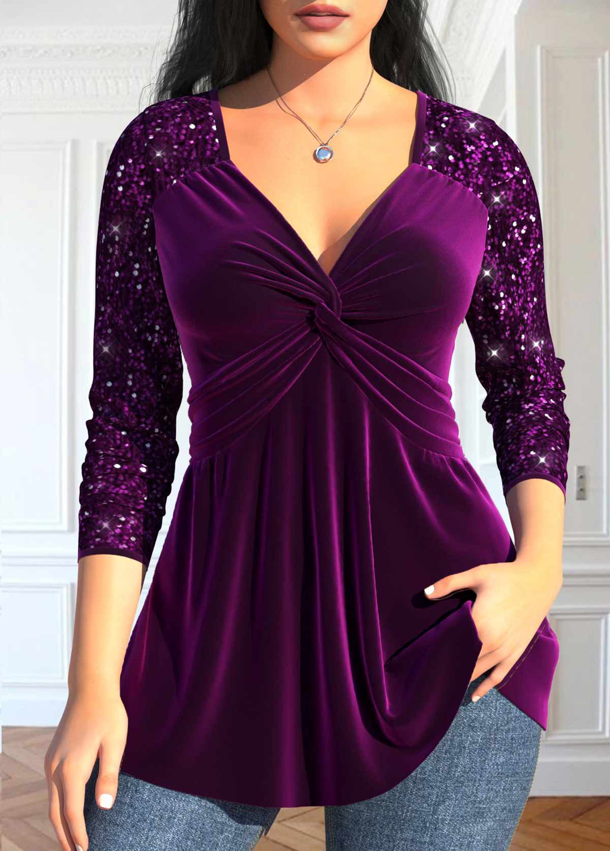ROTITA Sequin Purple V Neck Long Sleeve T Shirt