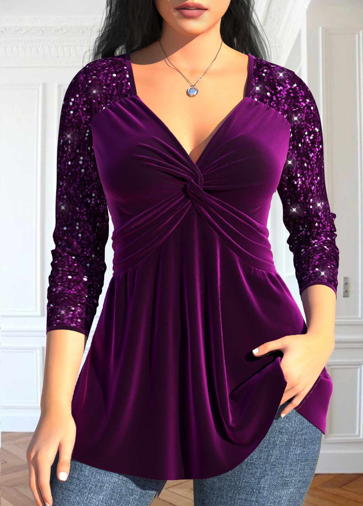 t-shirt rotita sequin violet col v manches longues