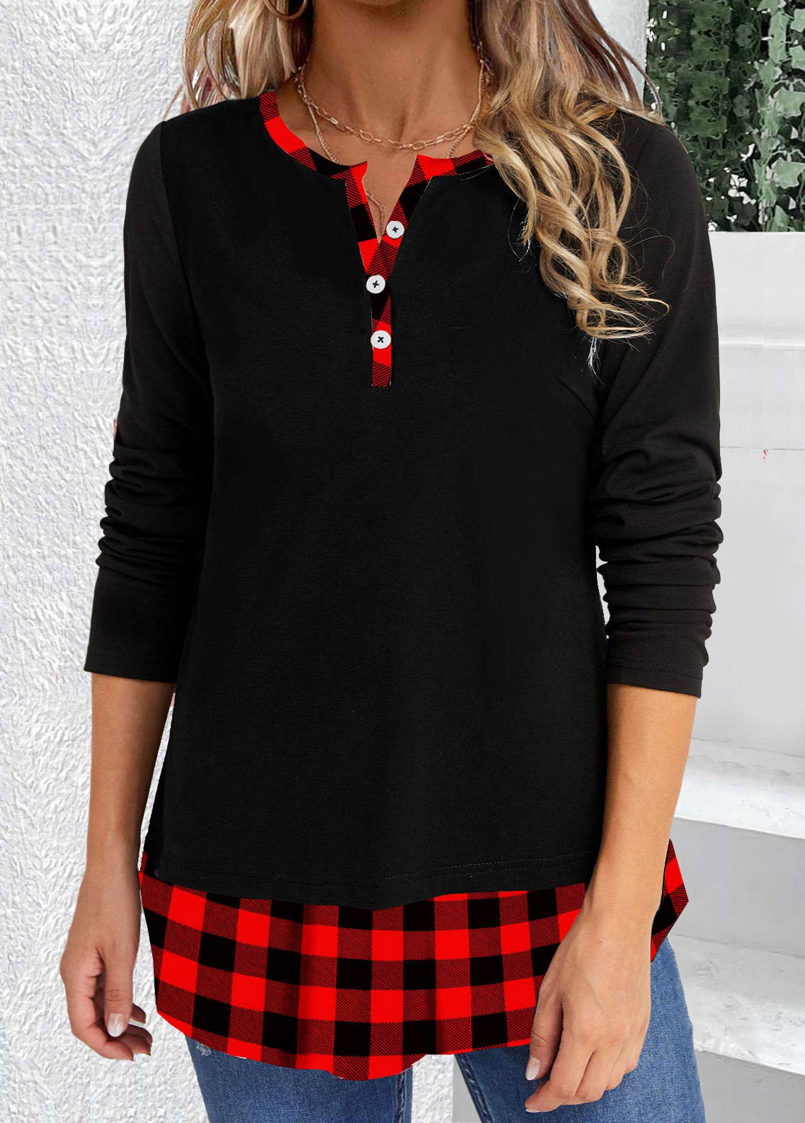 t-shirt rotita patchwork plaid noir col rond