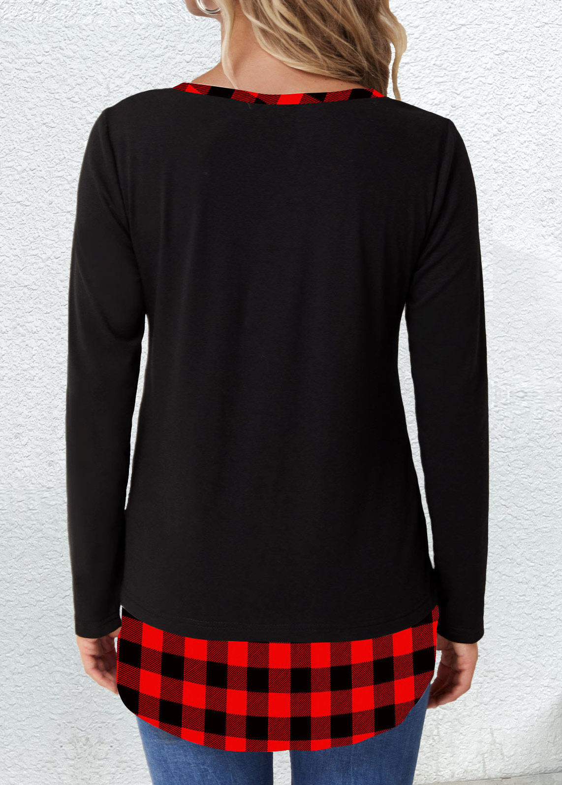 t-shirt rotita patchwork plaid noir col rond