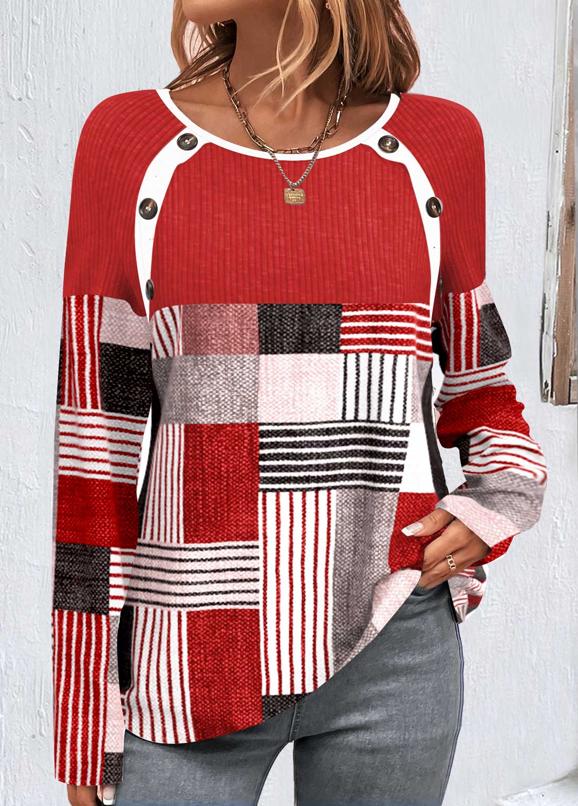 Red tops,Geometric tops,Striped tops,ROTITA Button Geometric Print Red Round Neck T Shirt
