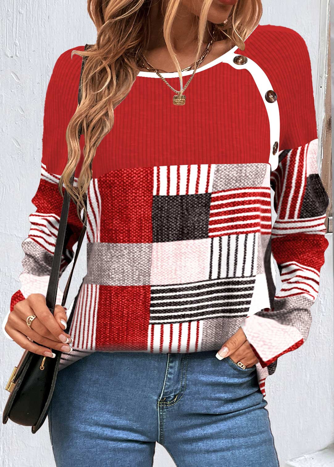 Red tops,Geometric tops,Striped tops,ROTITA Button Geometric Print Red Round Neck T Shirt