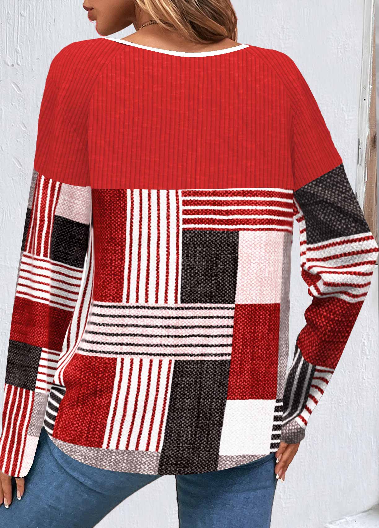 Red tops,Geometric tops,Striped tops,ROTITA Button Geometric Print Red Round Neck T Shirt