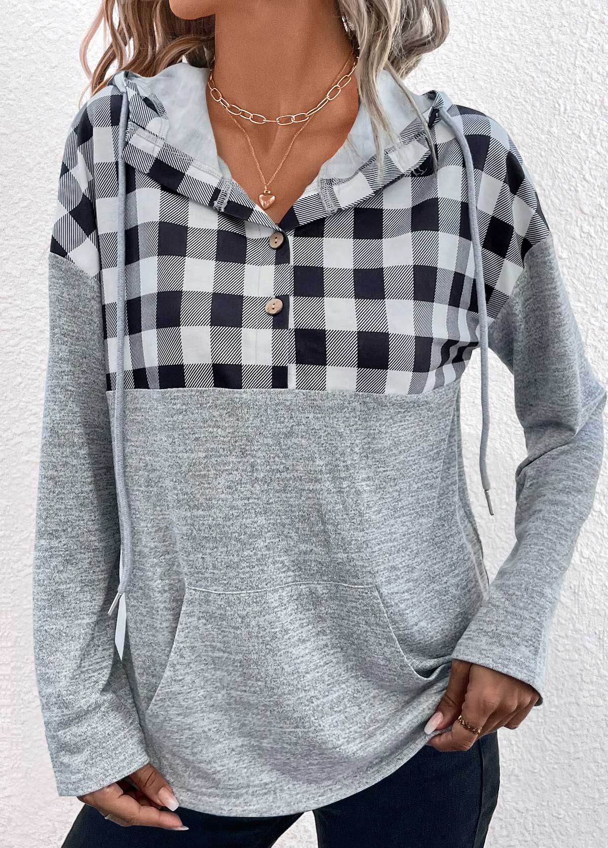 ROTITA Plus Size Pocket Grey Plaid Long Sleeve Hoodie