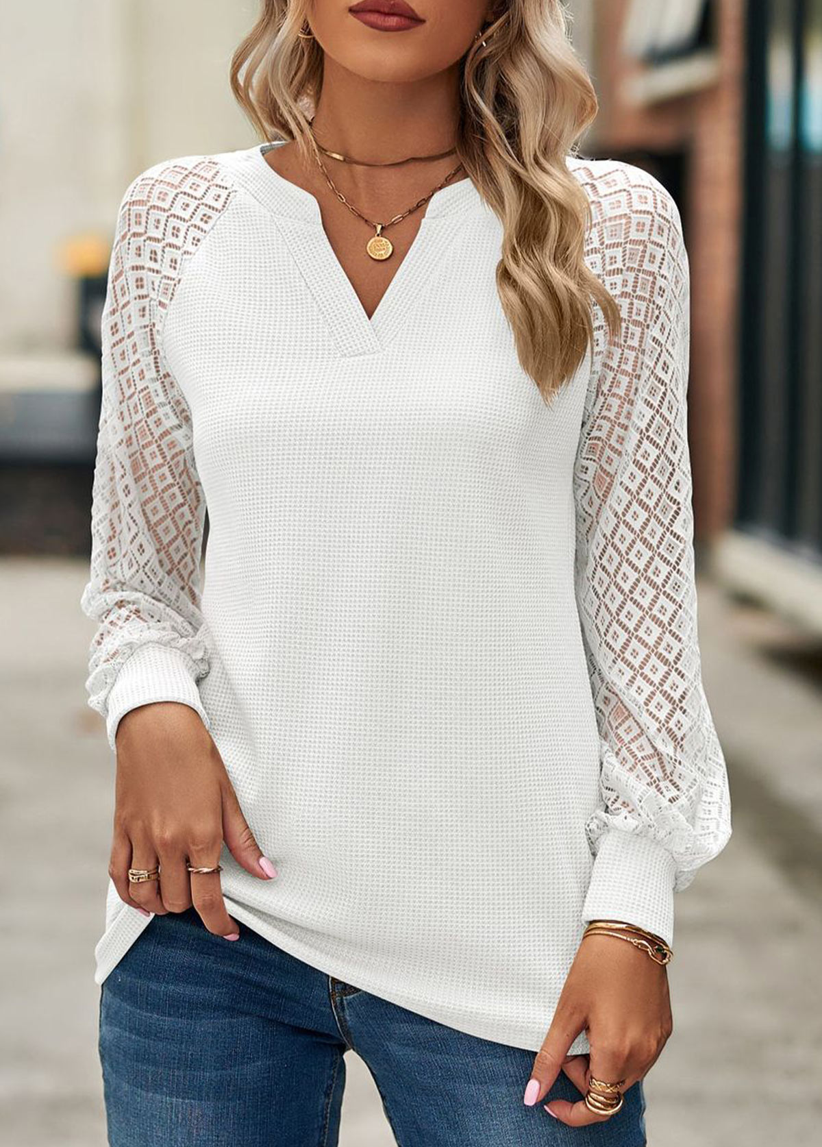Lace Split Neck Long Sleeve White T Shirt