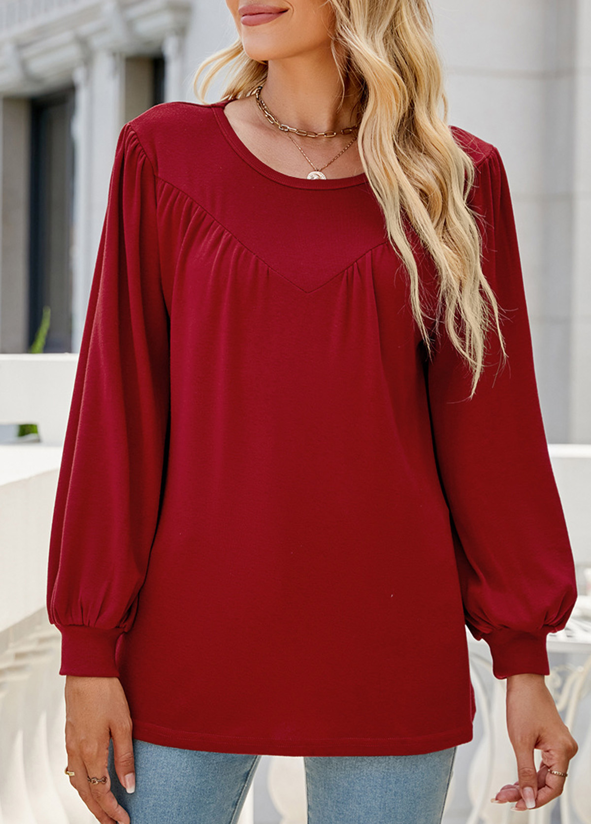 Patchwork Wine Red Round Neck Long Sleeve Blouse