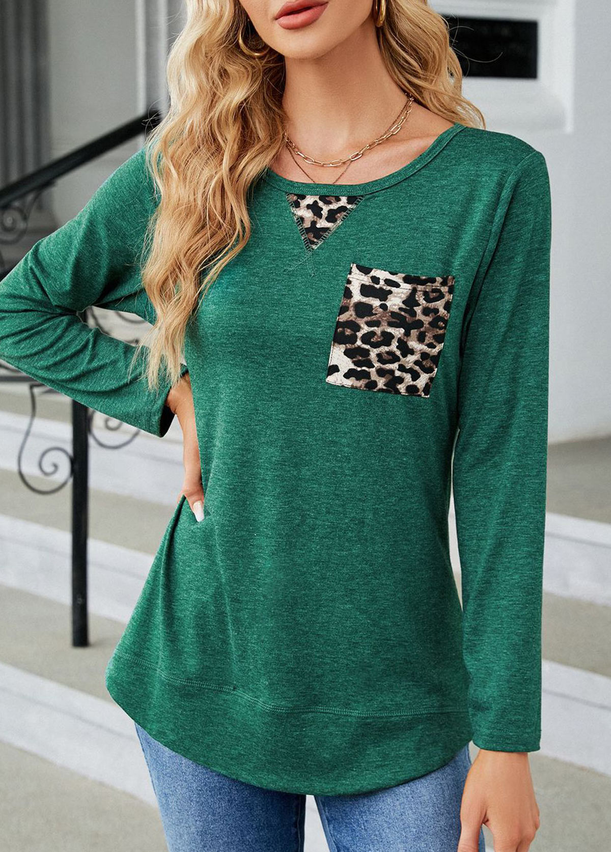 Patchwork Leopard Green Round Neck Long Sleeve T Shirt