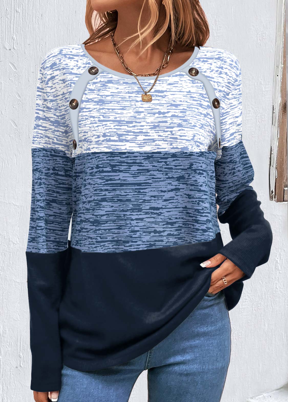 ROTITA Plus Size Patchwork Blue Striped Round Neck Sweatshirt